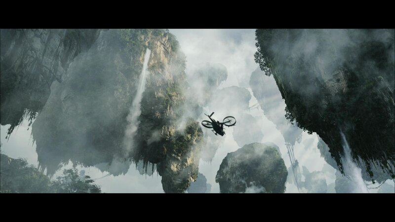 helicopter flying through floating islands