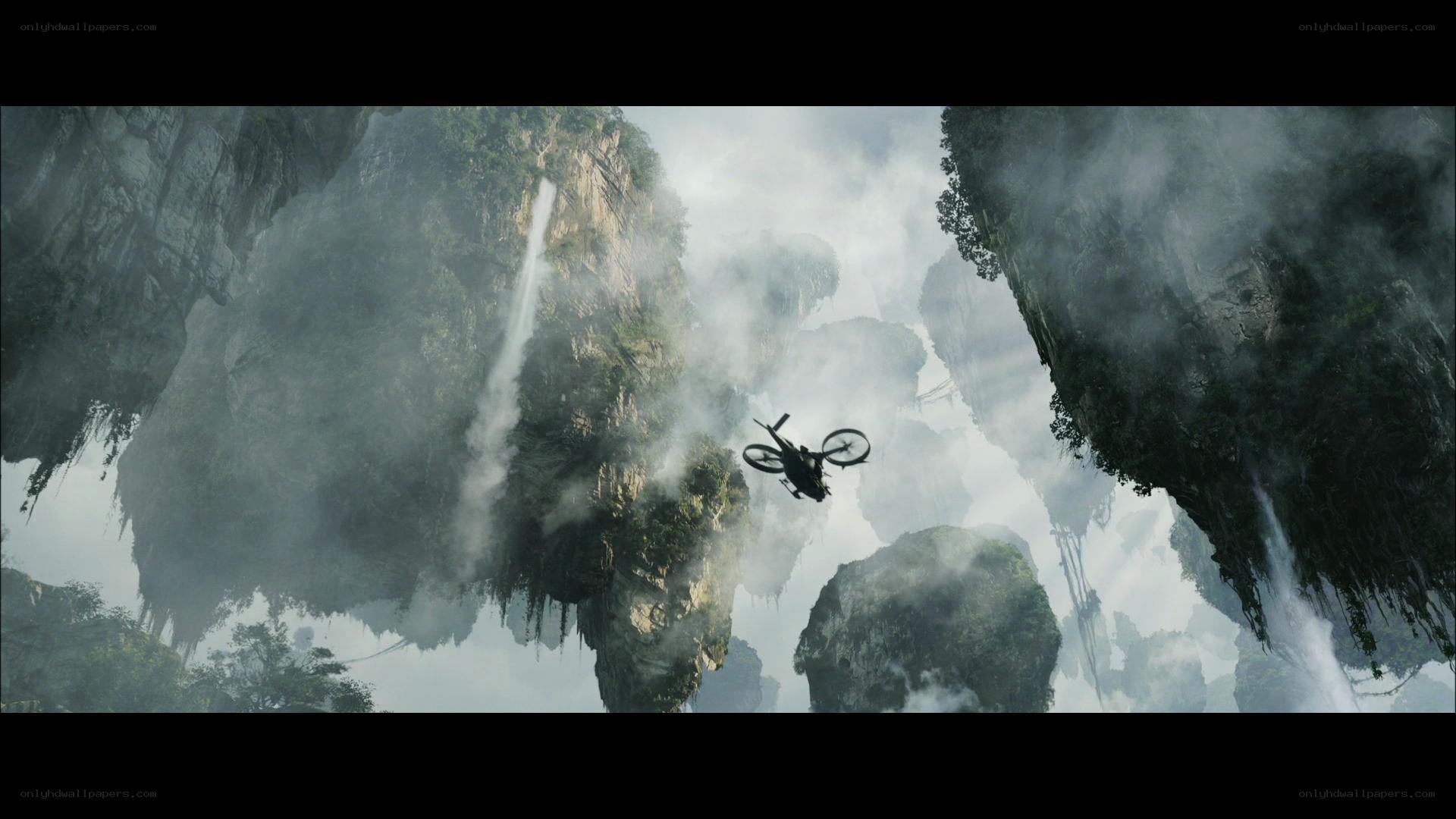 helicopter flying through floating islands