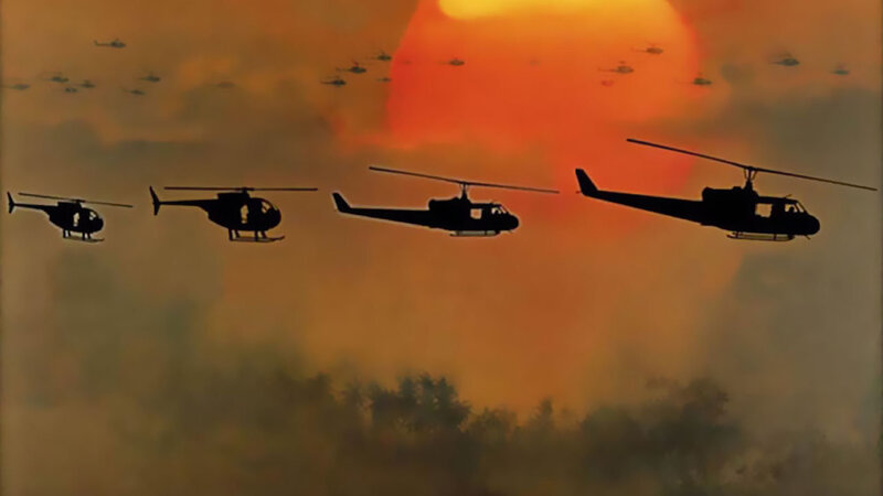 Helicopter formation at sunset