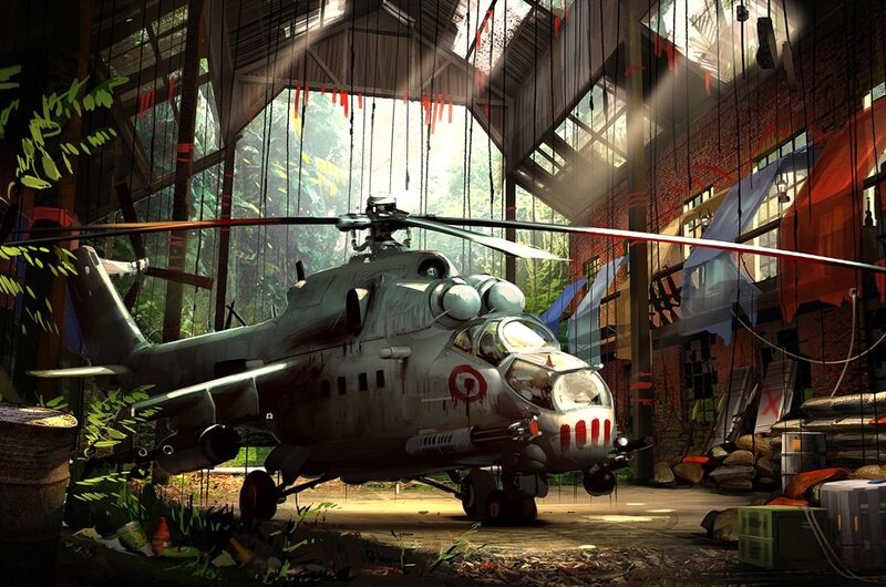 Helicopter in abandoned hangar