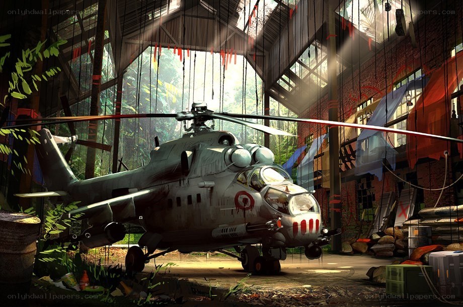 Helicopter in abandoned hangar