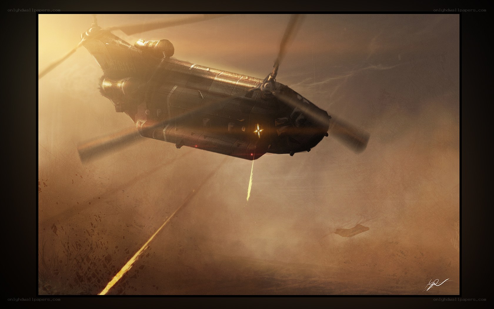 Helicopter in dusty sky
