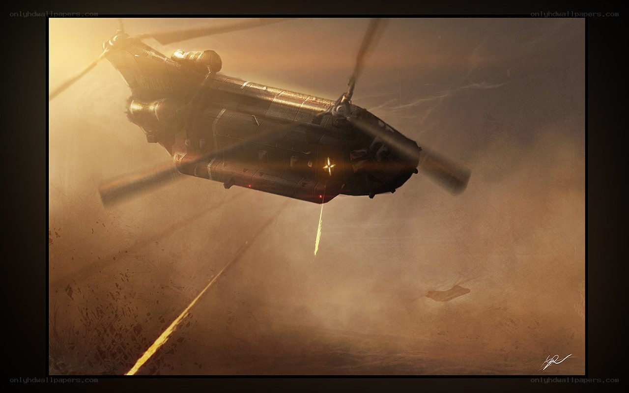 Helicopter in dusty sunset