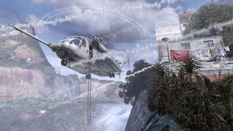 Helicopter in favela environment