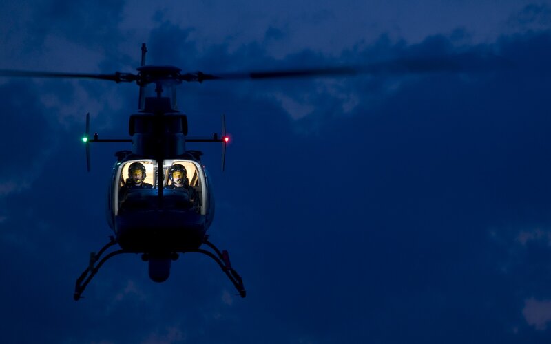 Helicopter in Flight — Blue, Dramatic