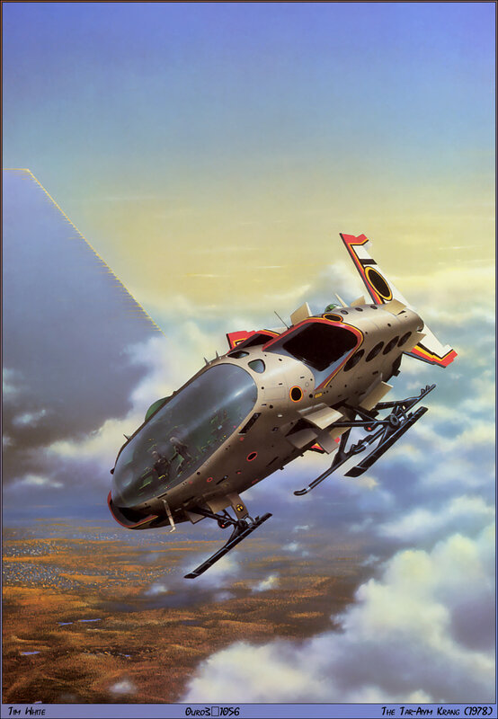 Helicopter in flight over clouds
