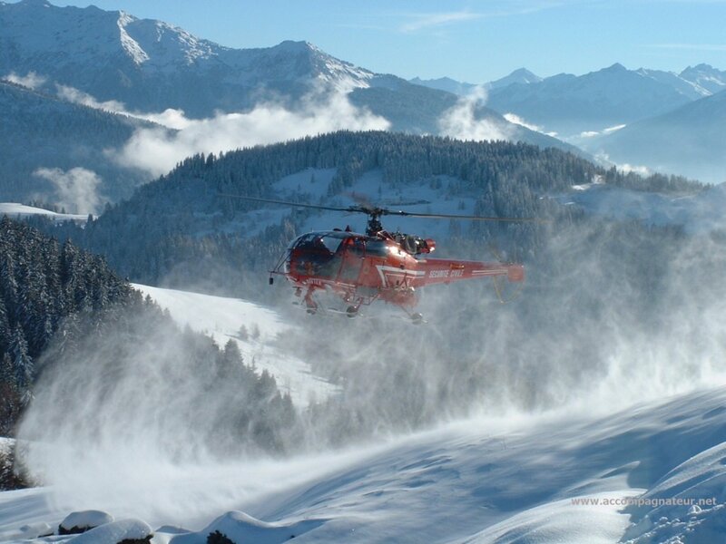 Helicopter in snowy mountains