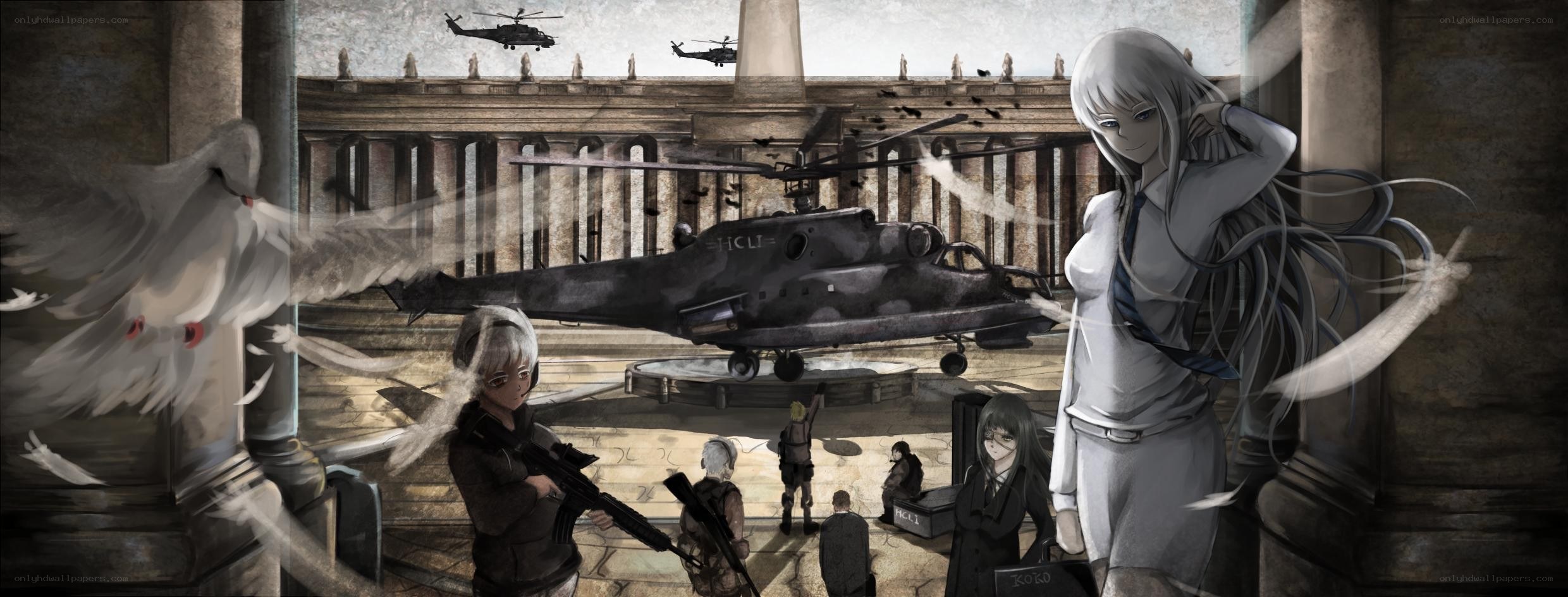 Helicopter landing at ancient ruins