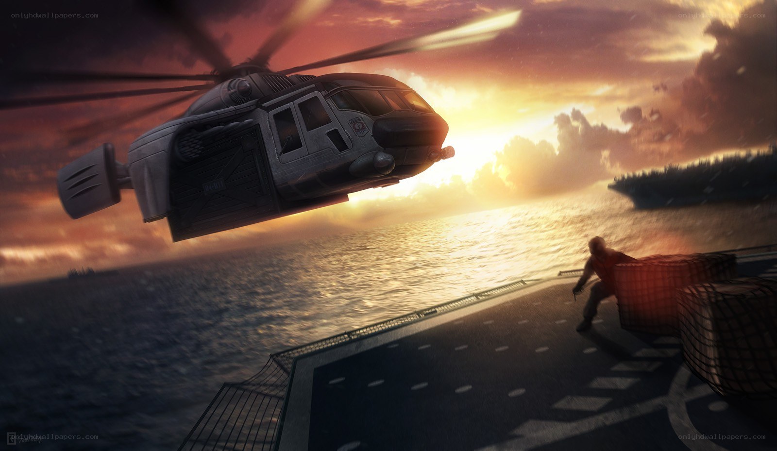 Helicopter landing at sunset