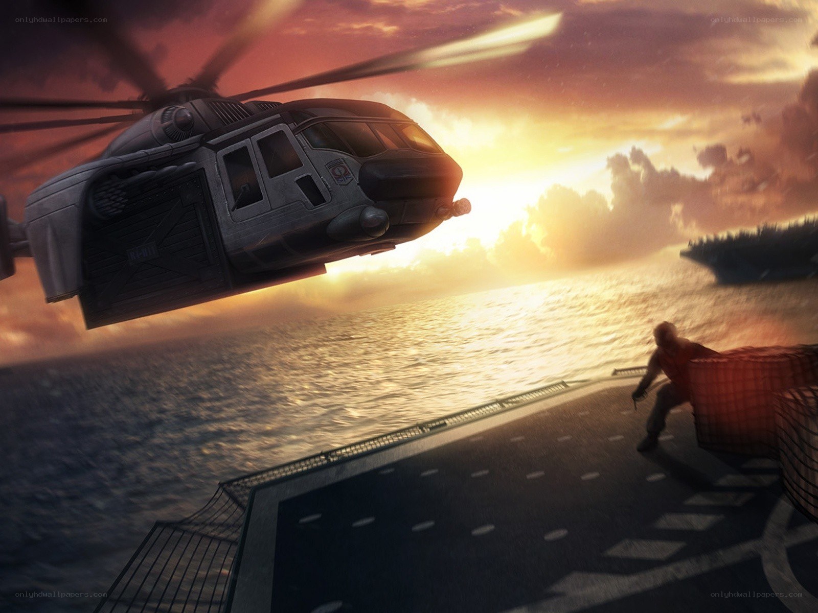 Helicopter landing on ship deck