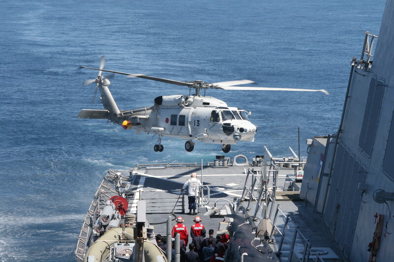 Helicopter landing on ship deck