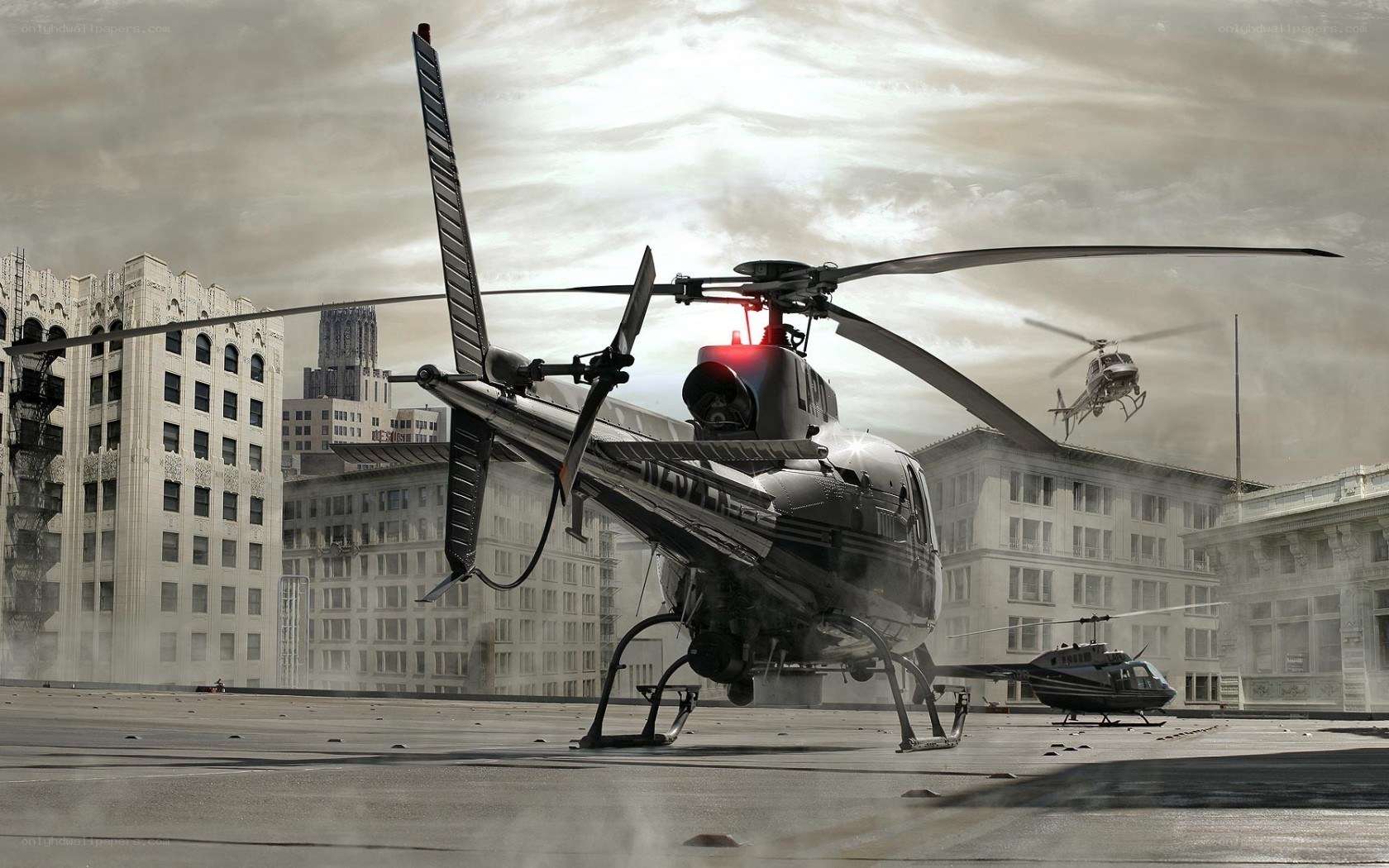 Helicopter on a city rooftop