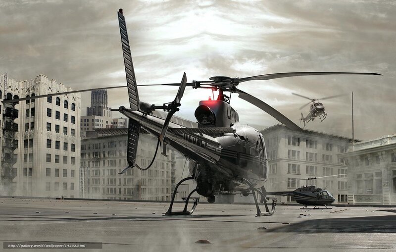 Helicopter on a city rooftop