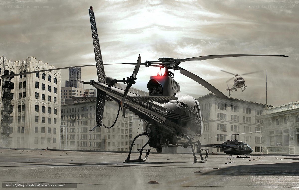 Helicopter on a city rooftop