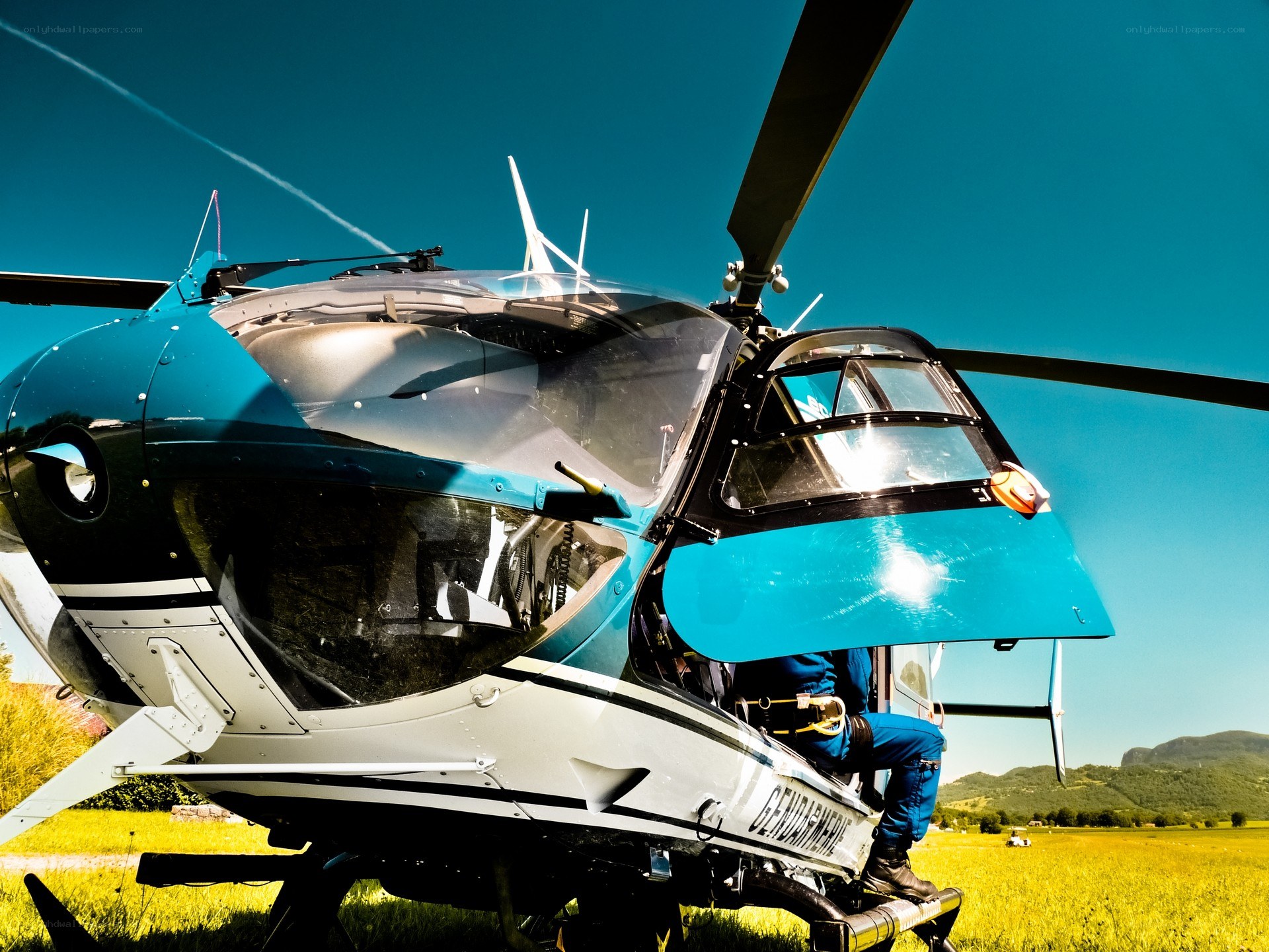 Helicopter on a grassy field