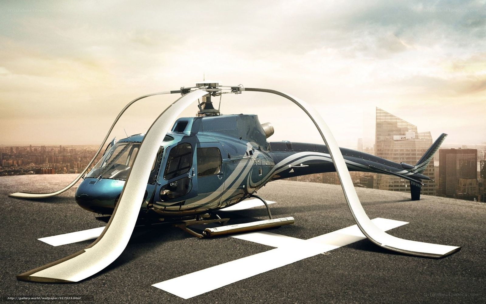 Helicopter on city rooftop