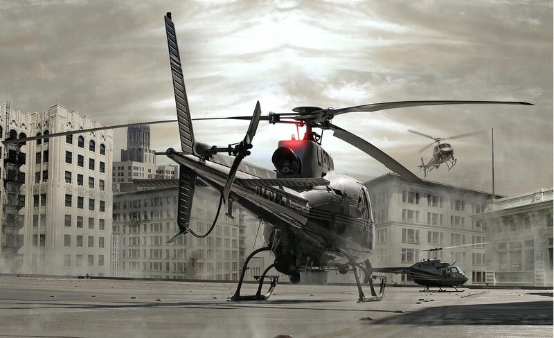 Helicopter on city rooftop