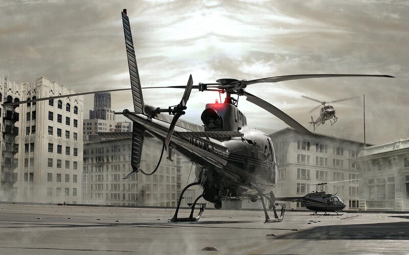 Helicopter on city rooftop