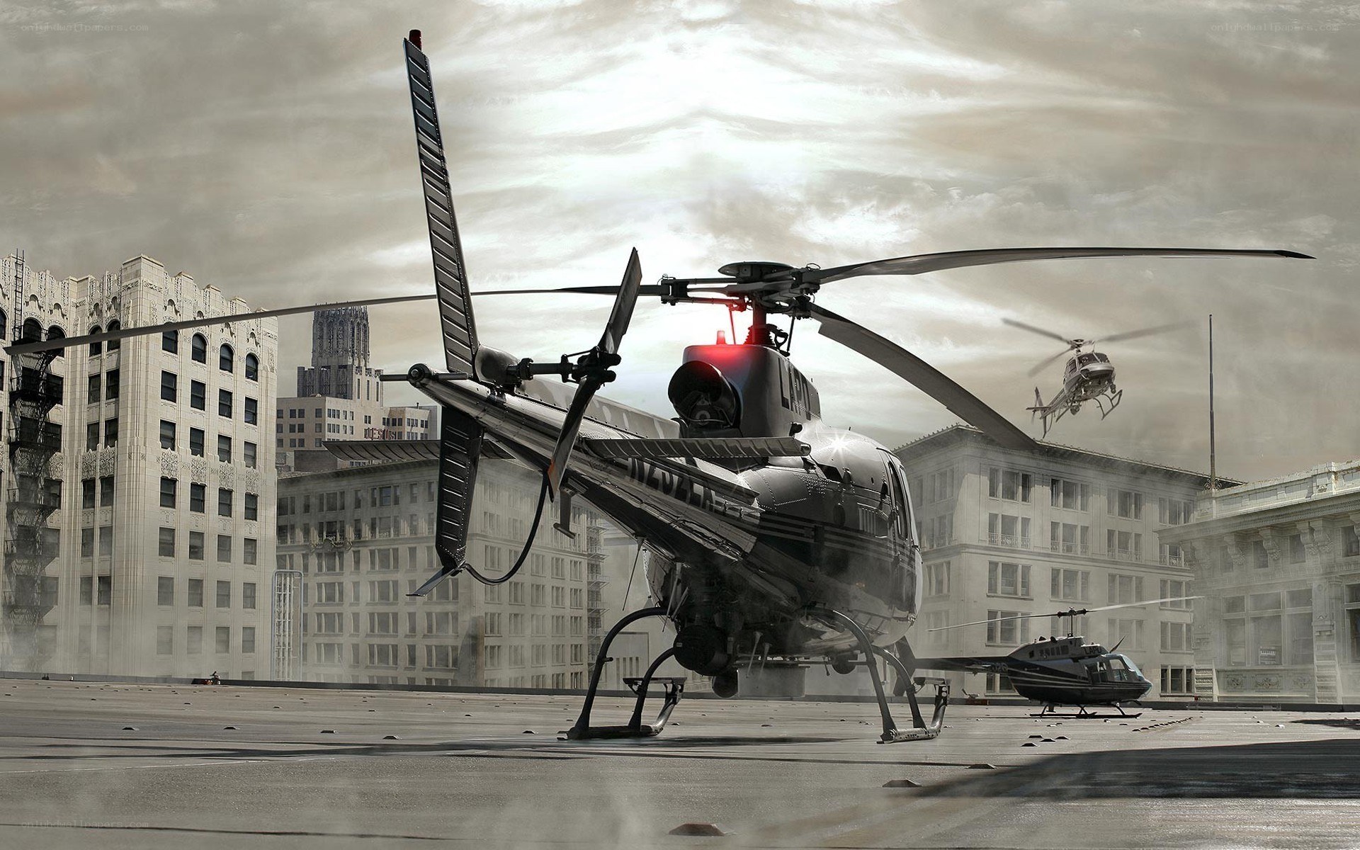 Helicopter on city rooftop