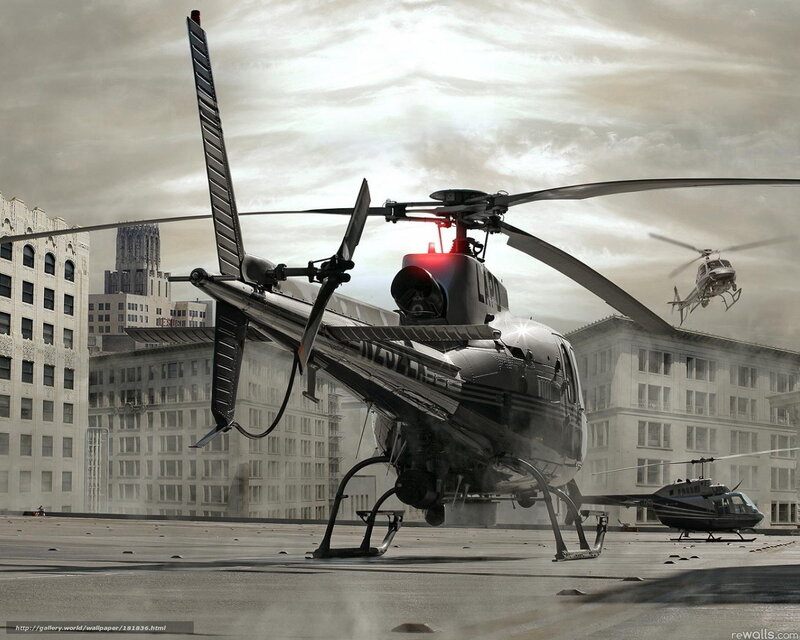 Helicopter on city rooftop
