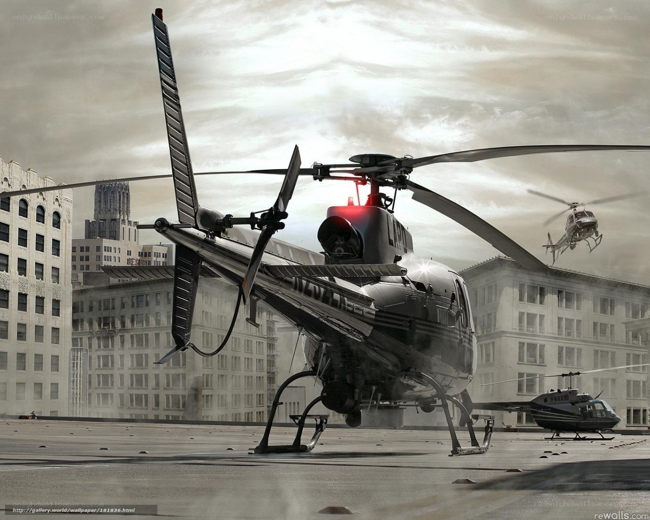 Helicopter on city rooftop