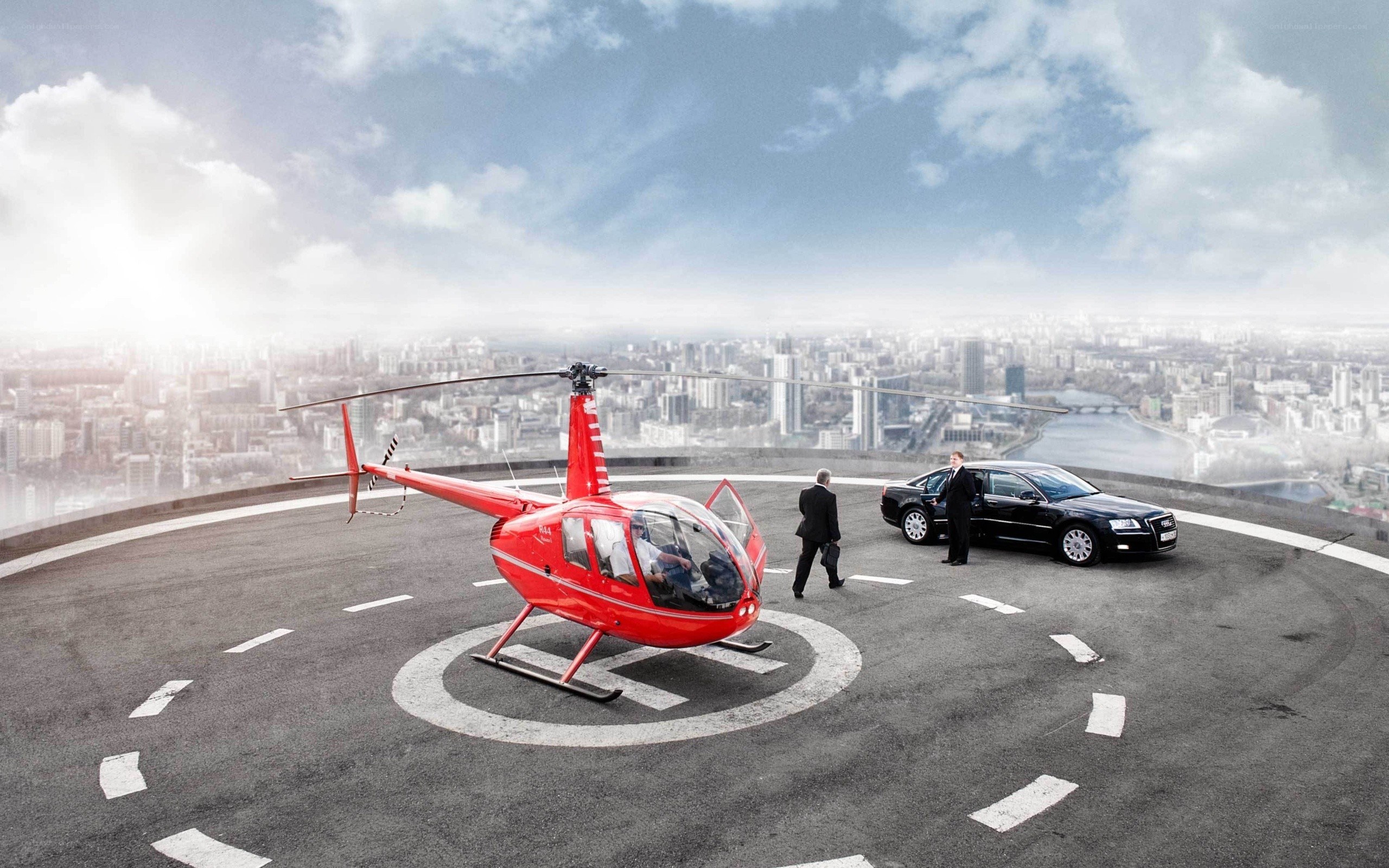 Helicopter on rooftop helipad