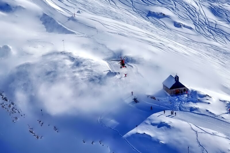 Helicopter on Snowy Mountain — White, Dramatic, Winter