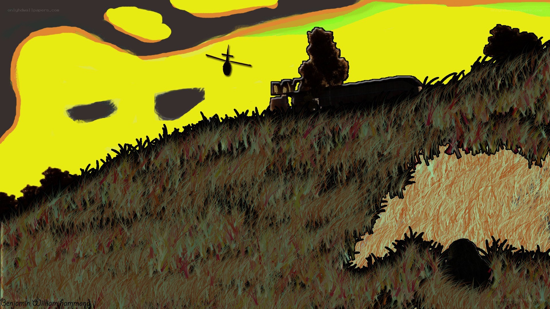 Helicopter over a grassy hill