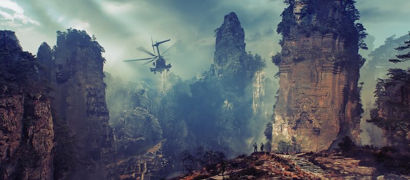 Helicopter over ancient cliffs