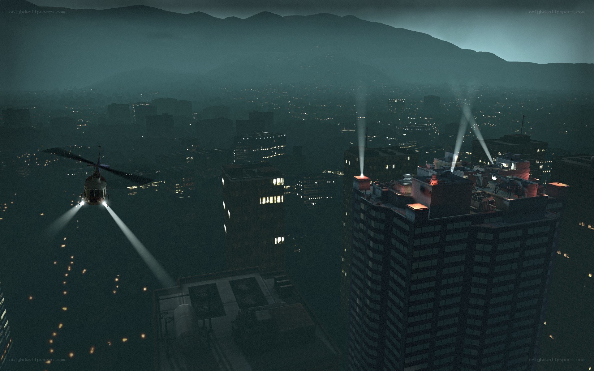 helicopter over city at night