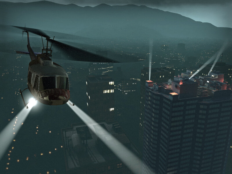 Helicopter over city at night