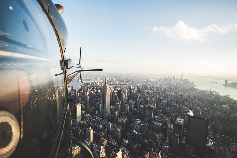 Helicopter over City — Blue, Serene