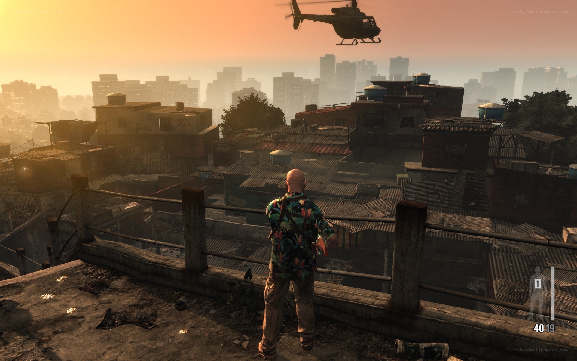 helicopter over city rooftops