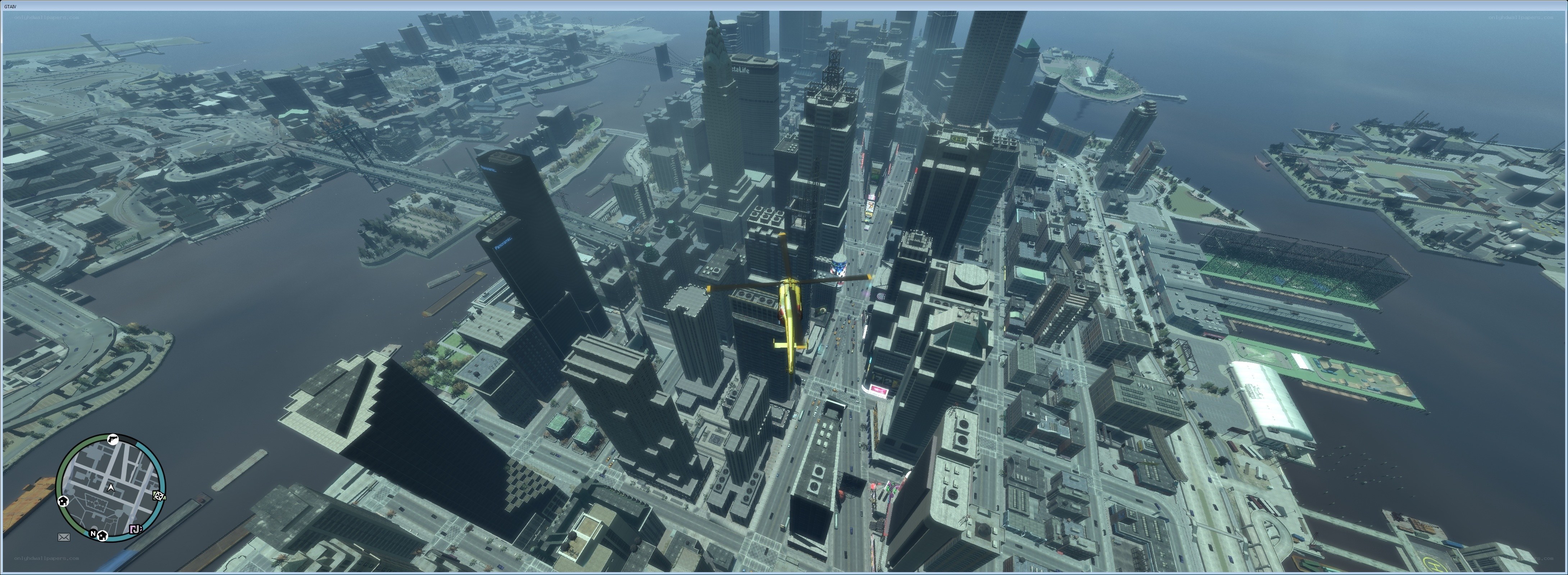 helicopter over city skyline