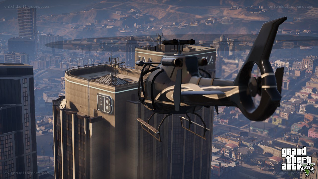 Helicopter over city skyline