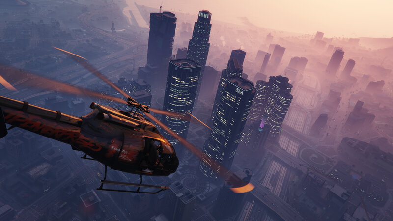 Helicopter over city skyline