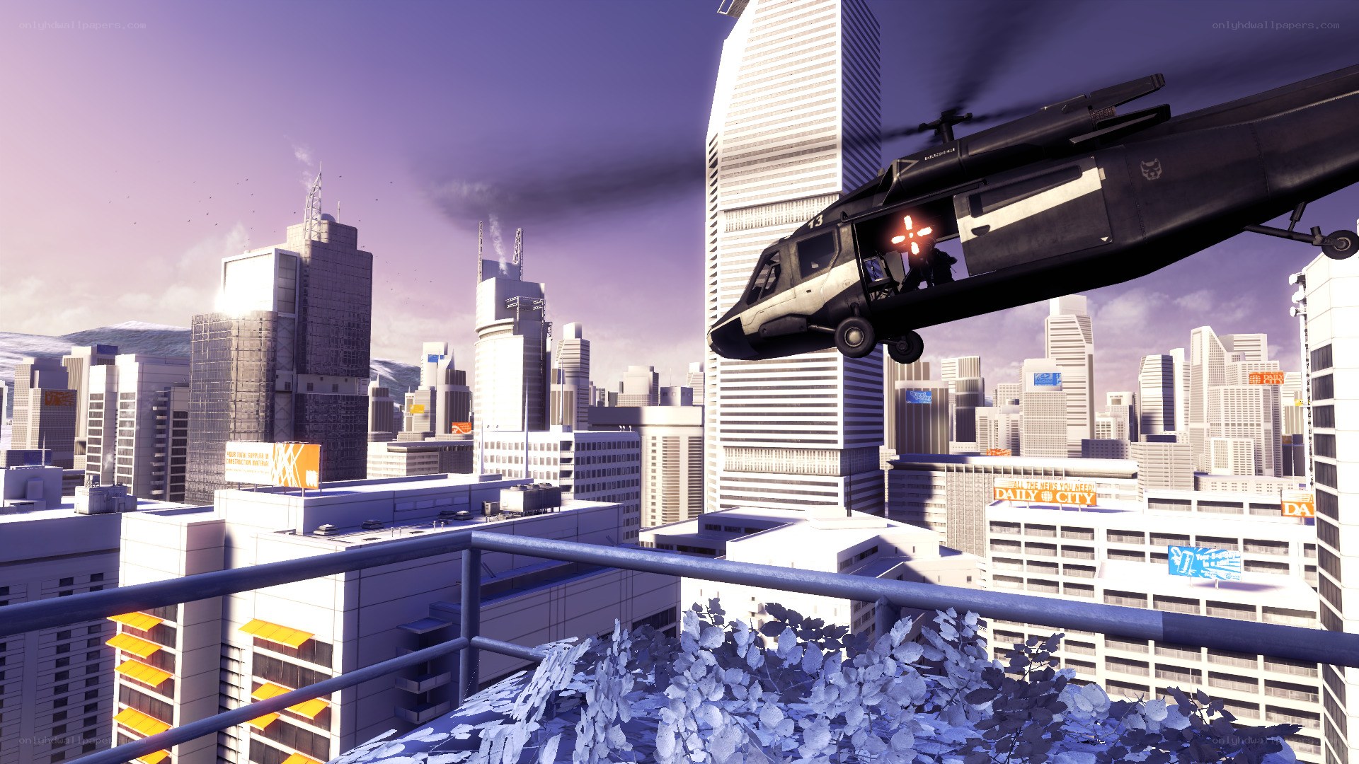 helicopter over cityscape