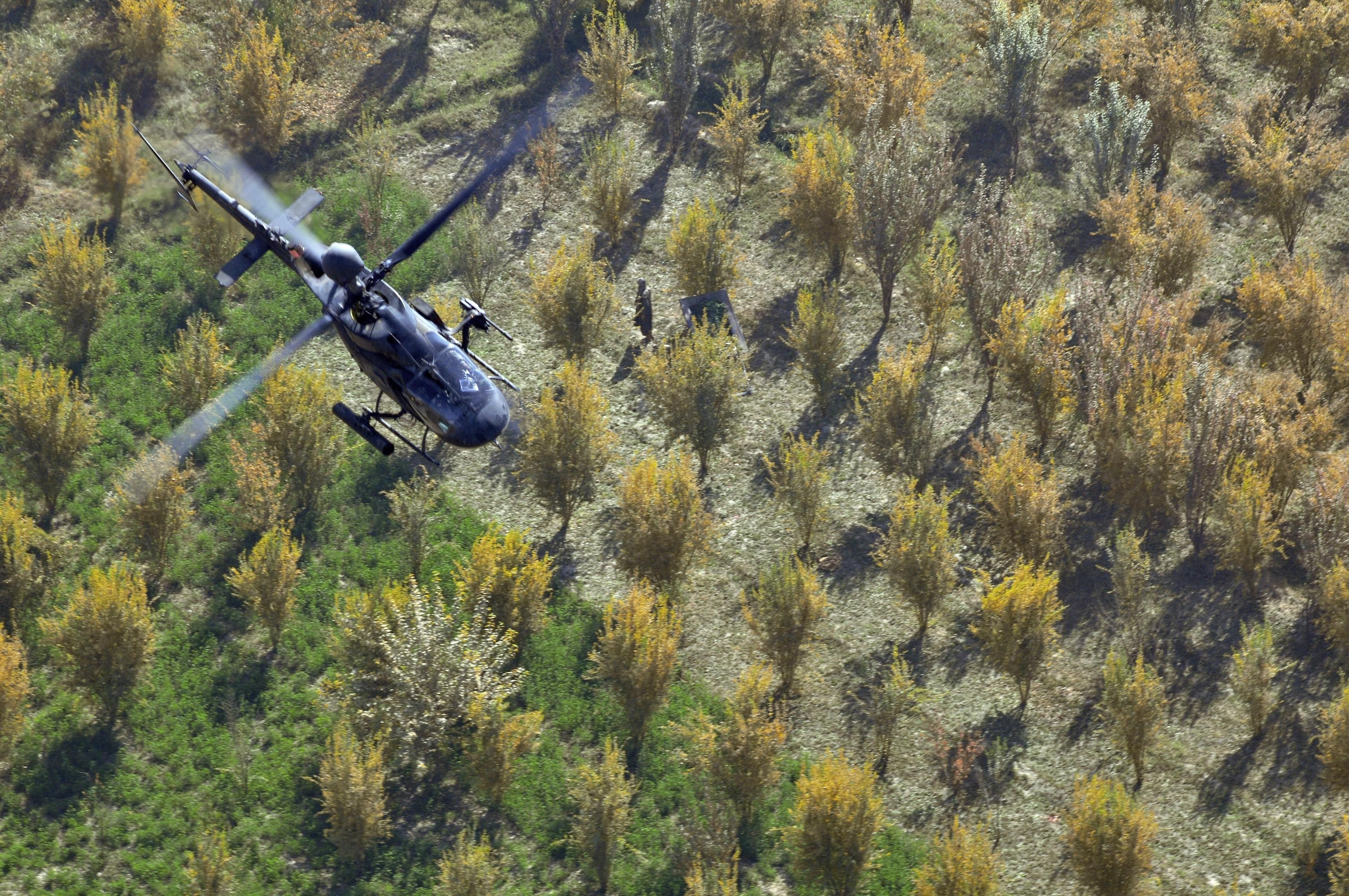 Helicopter over forested hillside