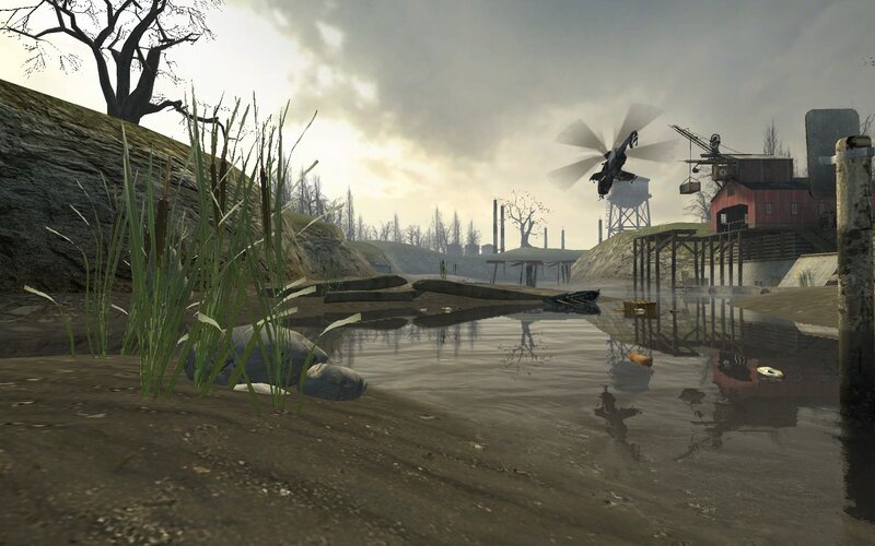 helicopter over industrial river