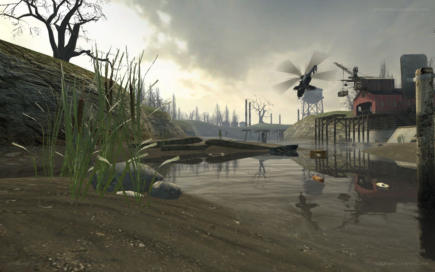 helicopter over industrial river