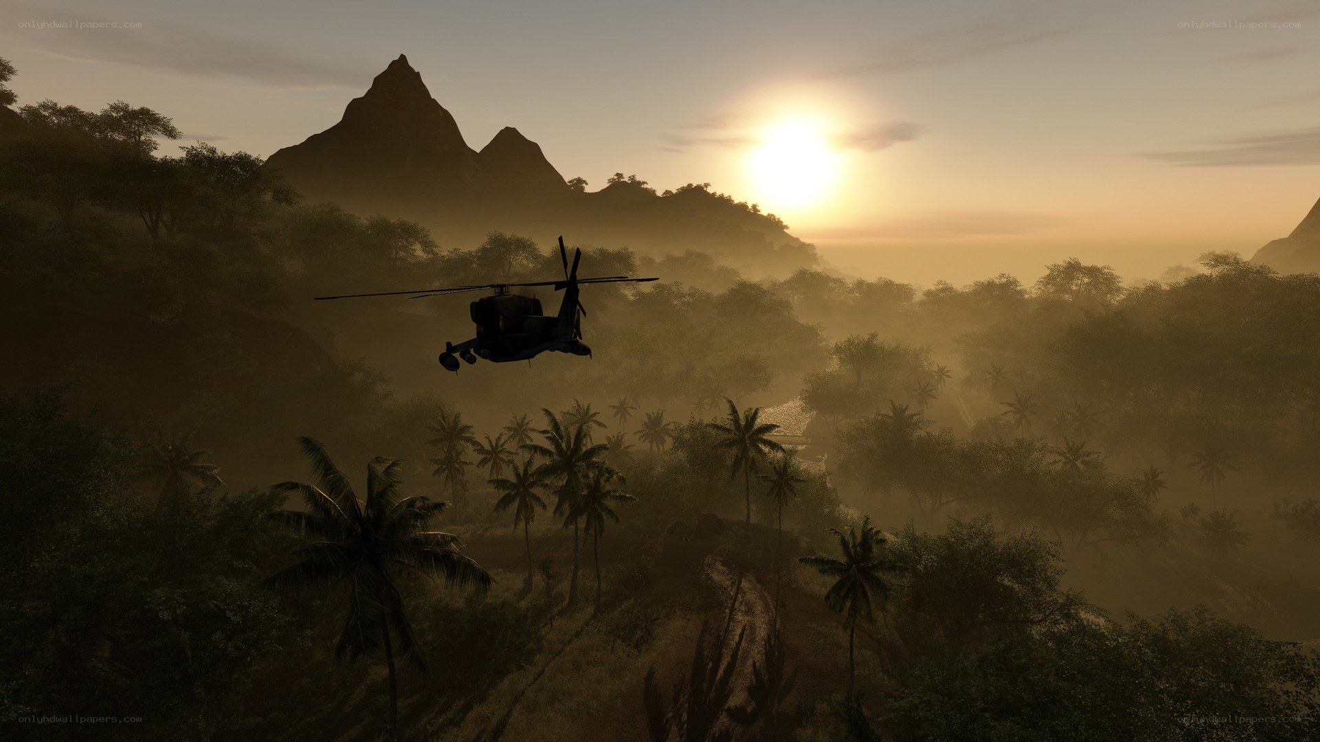 Helicopter over jungle at sunset