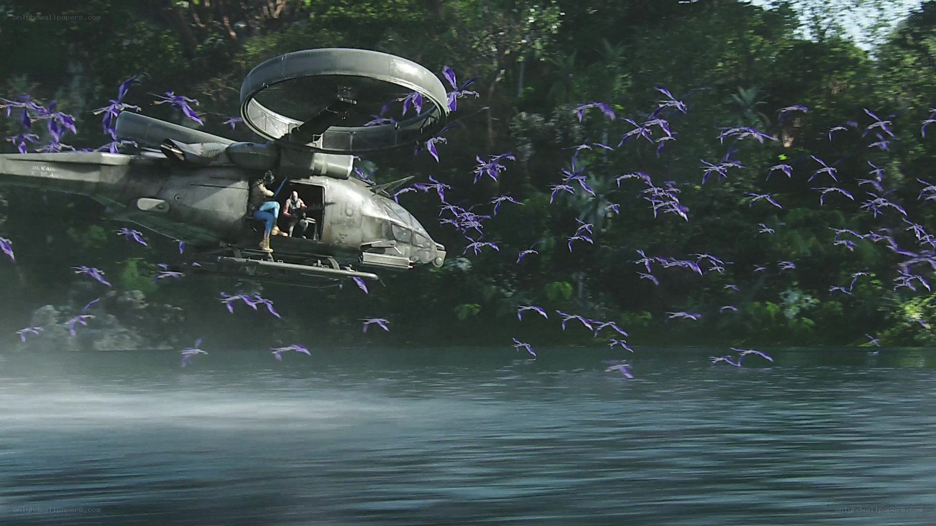 Helicopter over jungle river