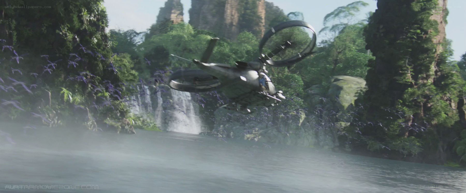 helicopter over jungle river