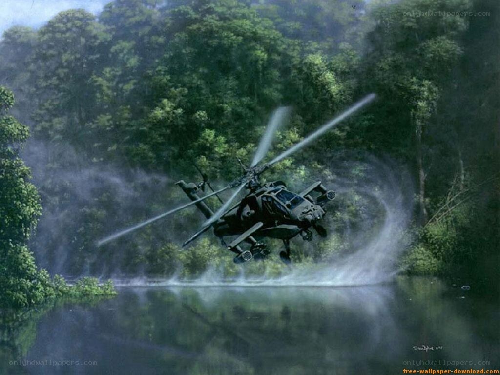 Helicopter over jungle river
