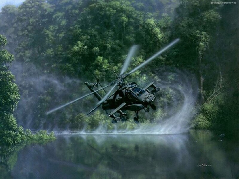 Helicopter over jungle river