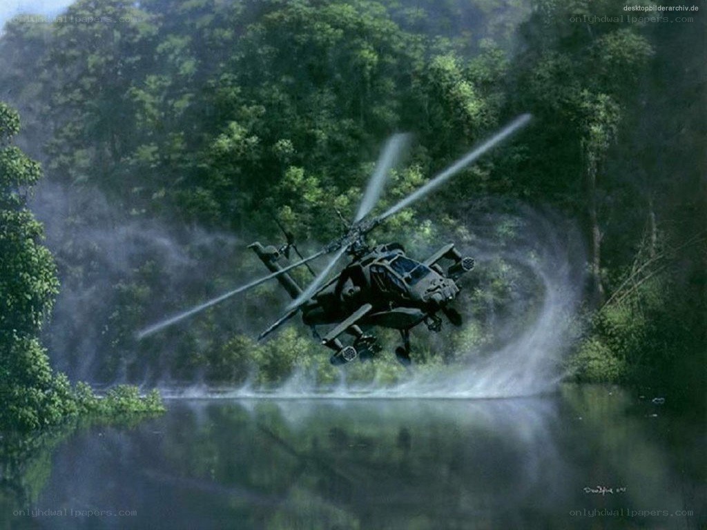 Helicopter over jungle river