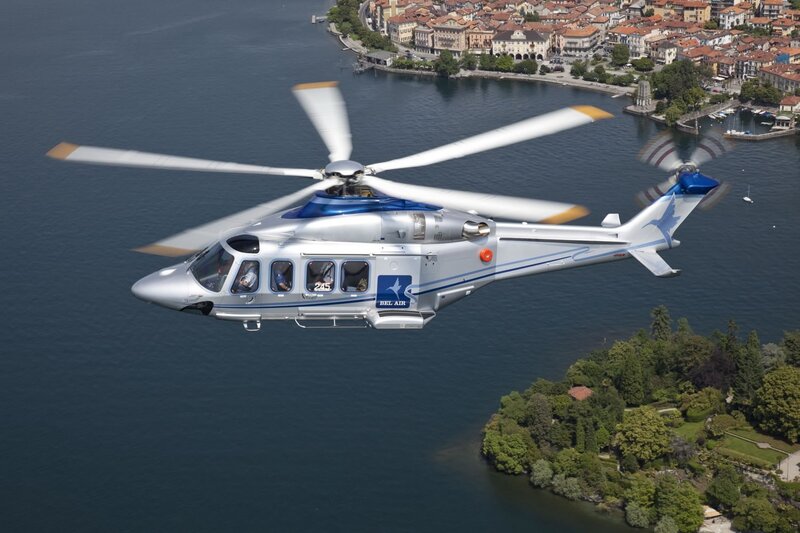 helicopter over lake town