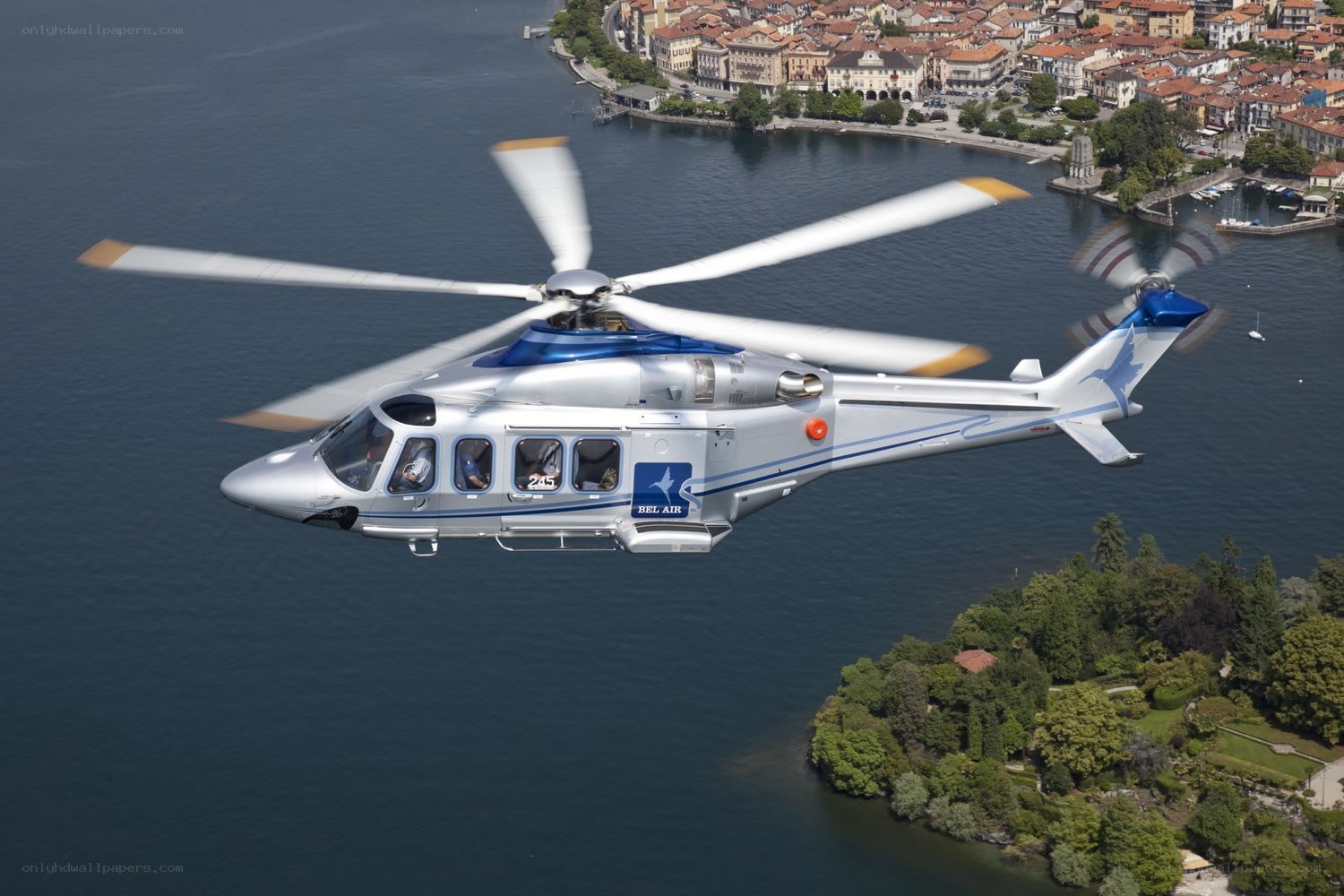 helicopter over lake town