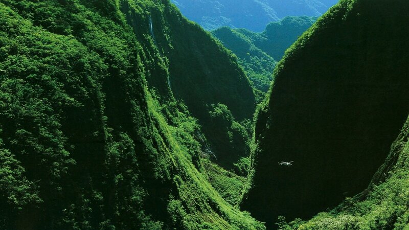 Helicopter over lush green canyon