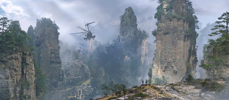 Helicopter over mountain cliffs